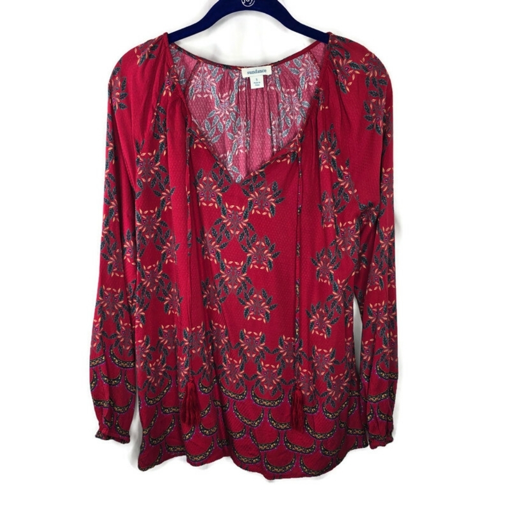 Sundance Red Floral Peasant Boho Long Sleeve Blouse Size Small